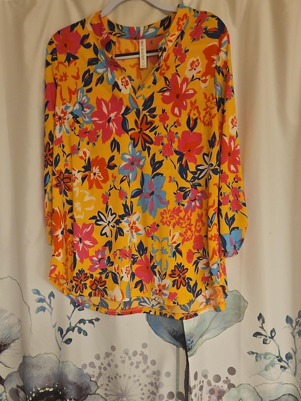 Scarlett Floral V-Neck Blouse in Yellow with Pink & Blue Flowers